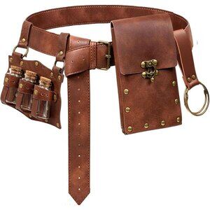 Brown 3Bottle-New Leather Belt Pouch Waist Bag Medieval Phone Holder GearFX